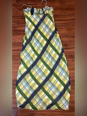 Vintage BCBG Maxazria Plaid Maxi Dress Green Yellow Blue Y2K Spaghetti Strap 2